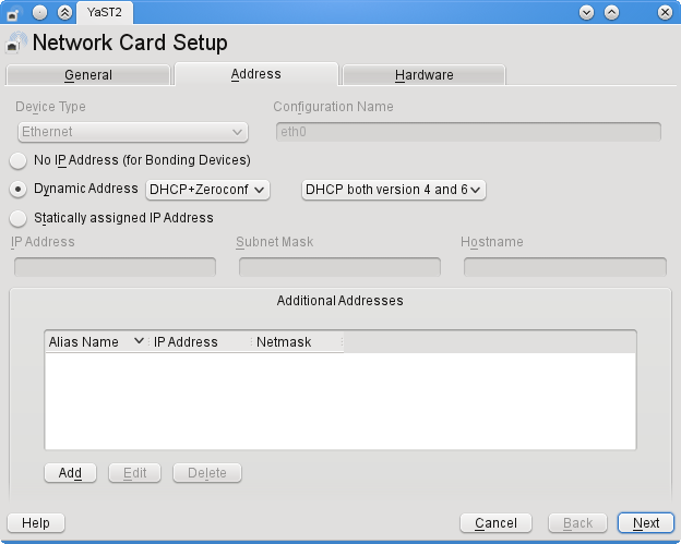 Yast network zeroconfig configuration